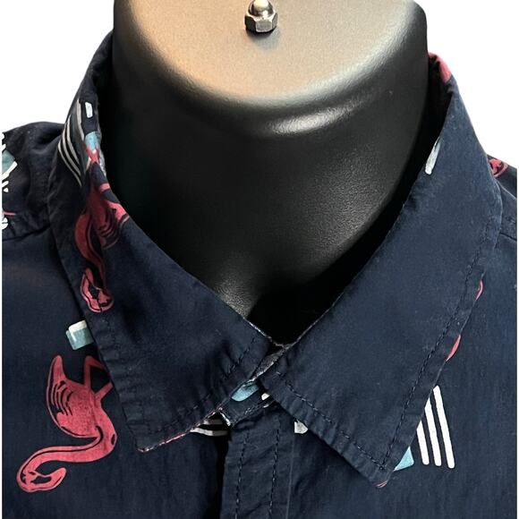Flamingo Print XL Broken Threads Men’s Short Sleeve Button-Up Shirt Navy Blue - Picture 4 of 11